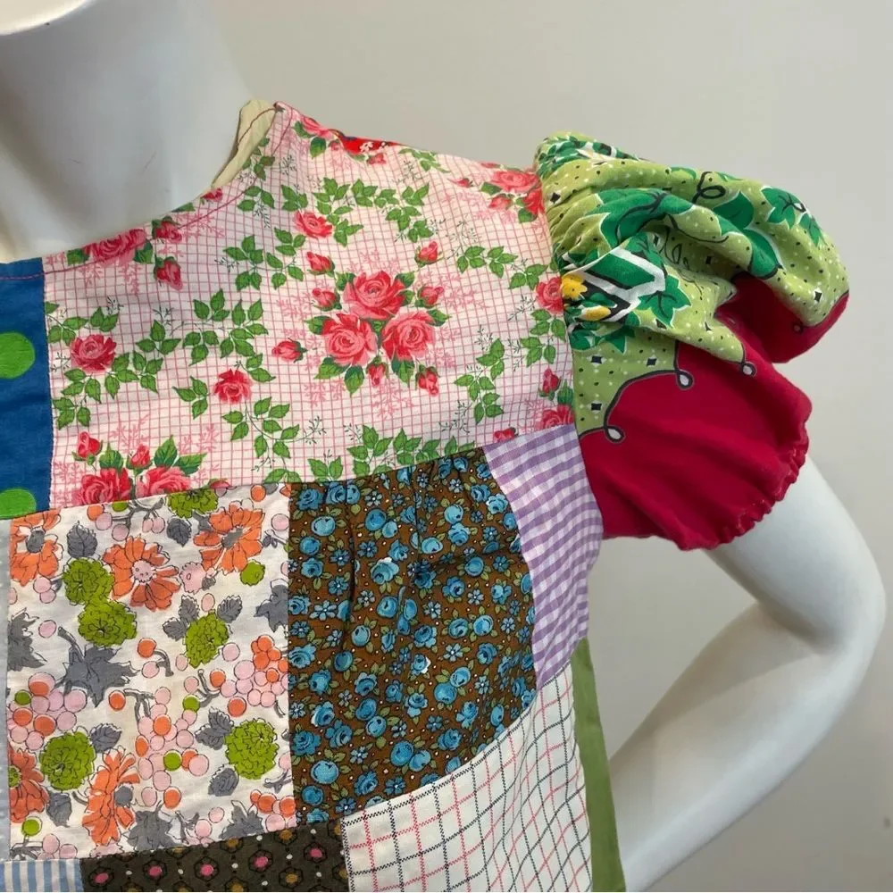 VINTAGE Floral Printed Cotton Patchwork Puff Sleeve Mini Dress - Picture 8 of 10